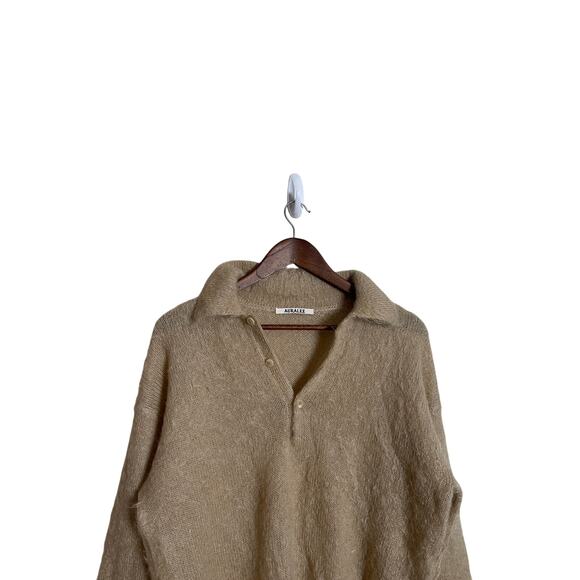 Auralee Japan Brushed Mohair Wool Polo Sweater Tan Mens 3/L - Picture 5 of 11